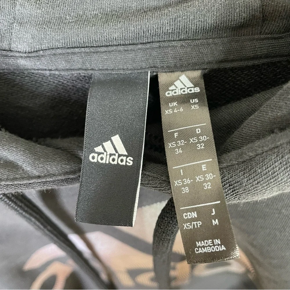 Adidas Holiday Graphic Hoodie Size XS Black Loose Fit Cropped Shimmery Logo Hood